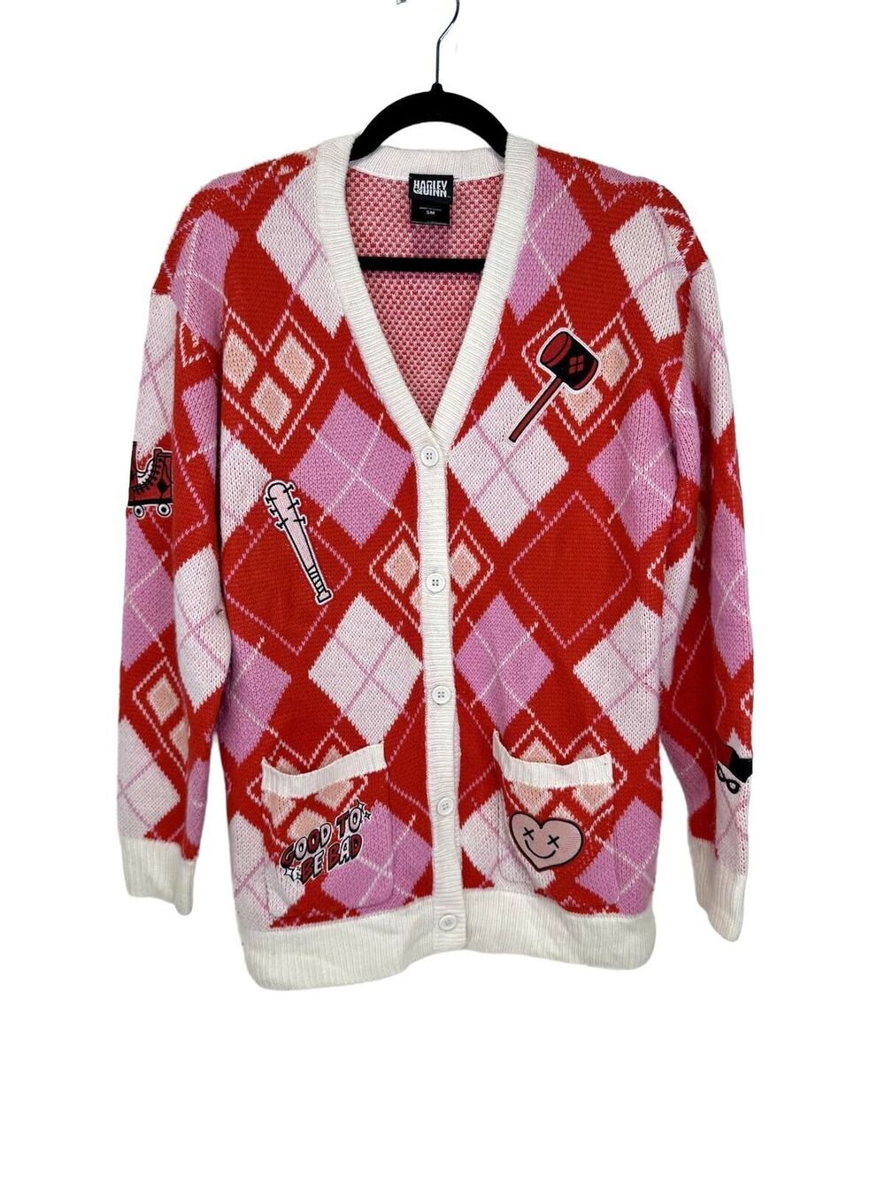 Harley Quinn Red and Pink Argyle Cardigan Sweater with Patches Size S/M